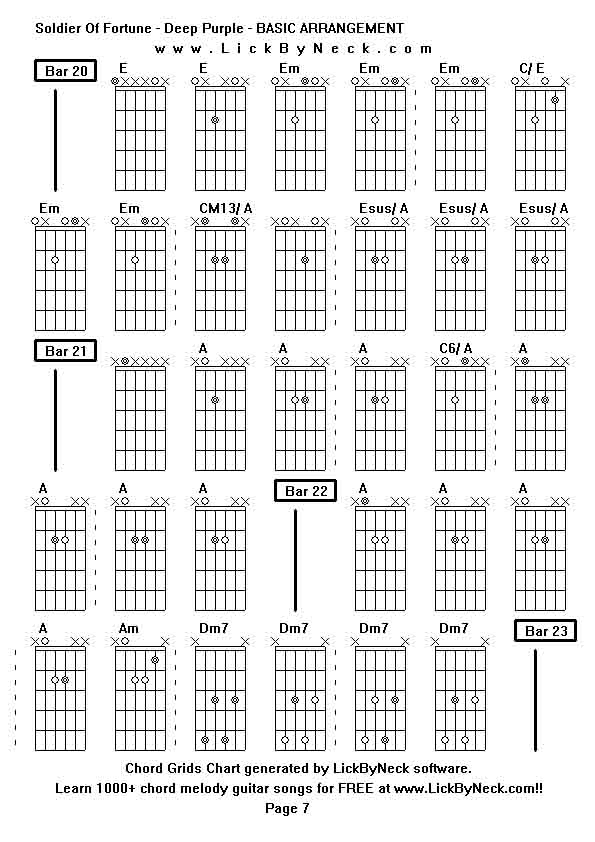 Chord Grids Chart of chord melody fingerstyle guitar song-Soldier Of Fortune - Deep Purple - BASIC ARRANGEMENT,generated by LickByNeck software.